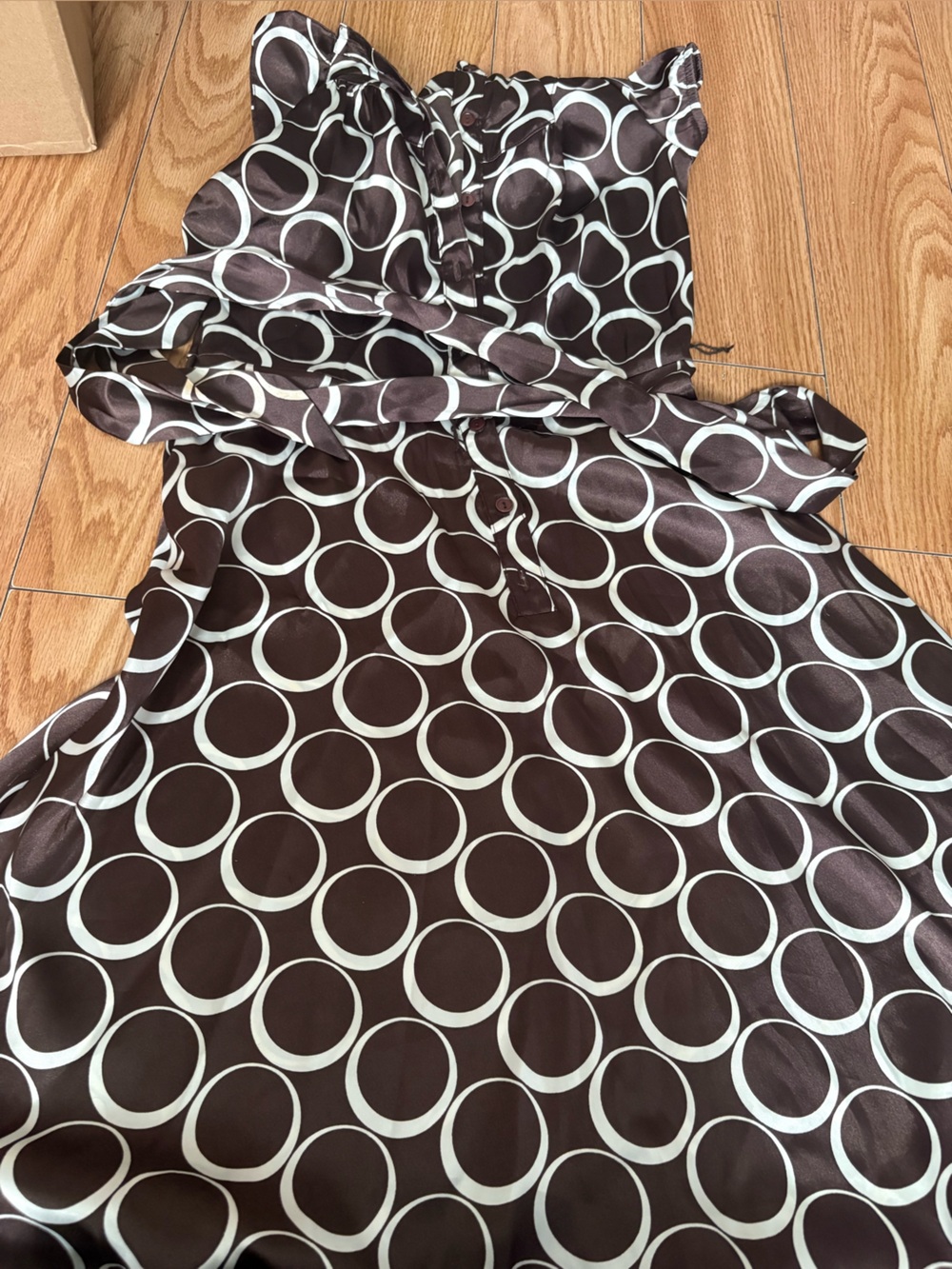Midi Tie-Waist Circle Print Dress in Brown
